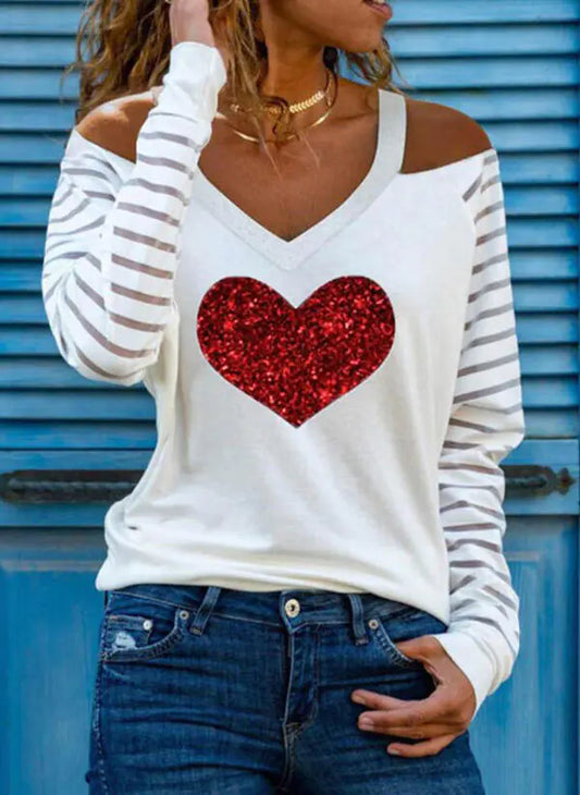 Casual Chic Vogue Heart Off-Shoulder Ladies Shirt